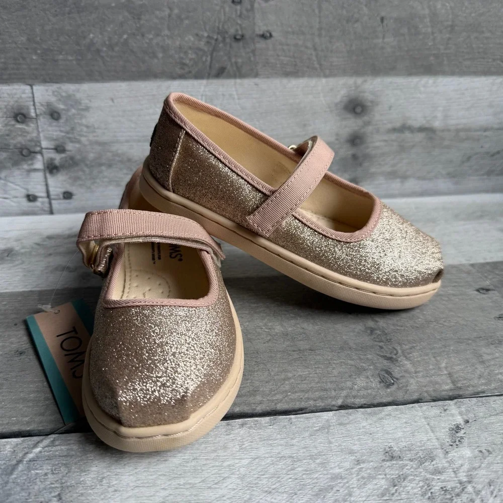 TOMS Toddler Rose Gold Glitter Mary Jane Flats Hook Loop Strap Size 9